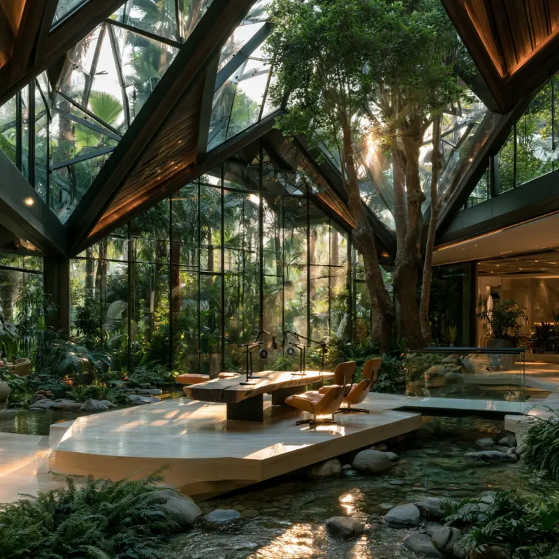 Podcast studio — glass conservatory among the trees