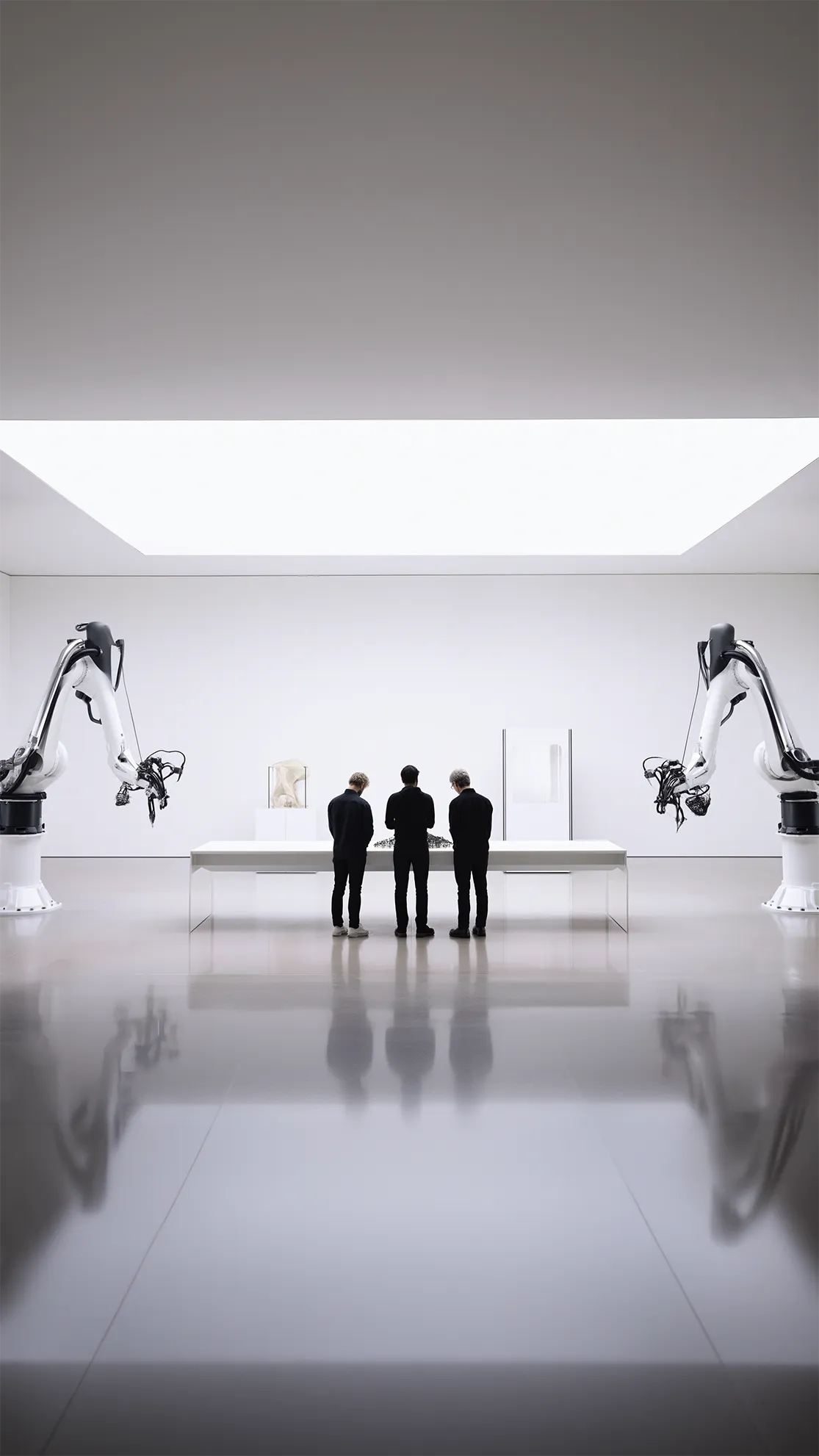 Technology — robotic arms displaying art with three figures observing